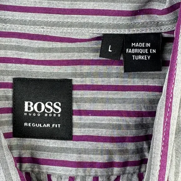 Hugo Boss Purple/Grey Striped Cotton Regular Fit Button Down Shirt Size Large - Picture 8 of 15